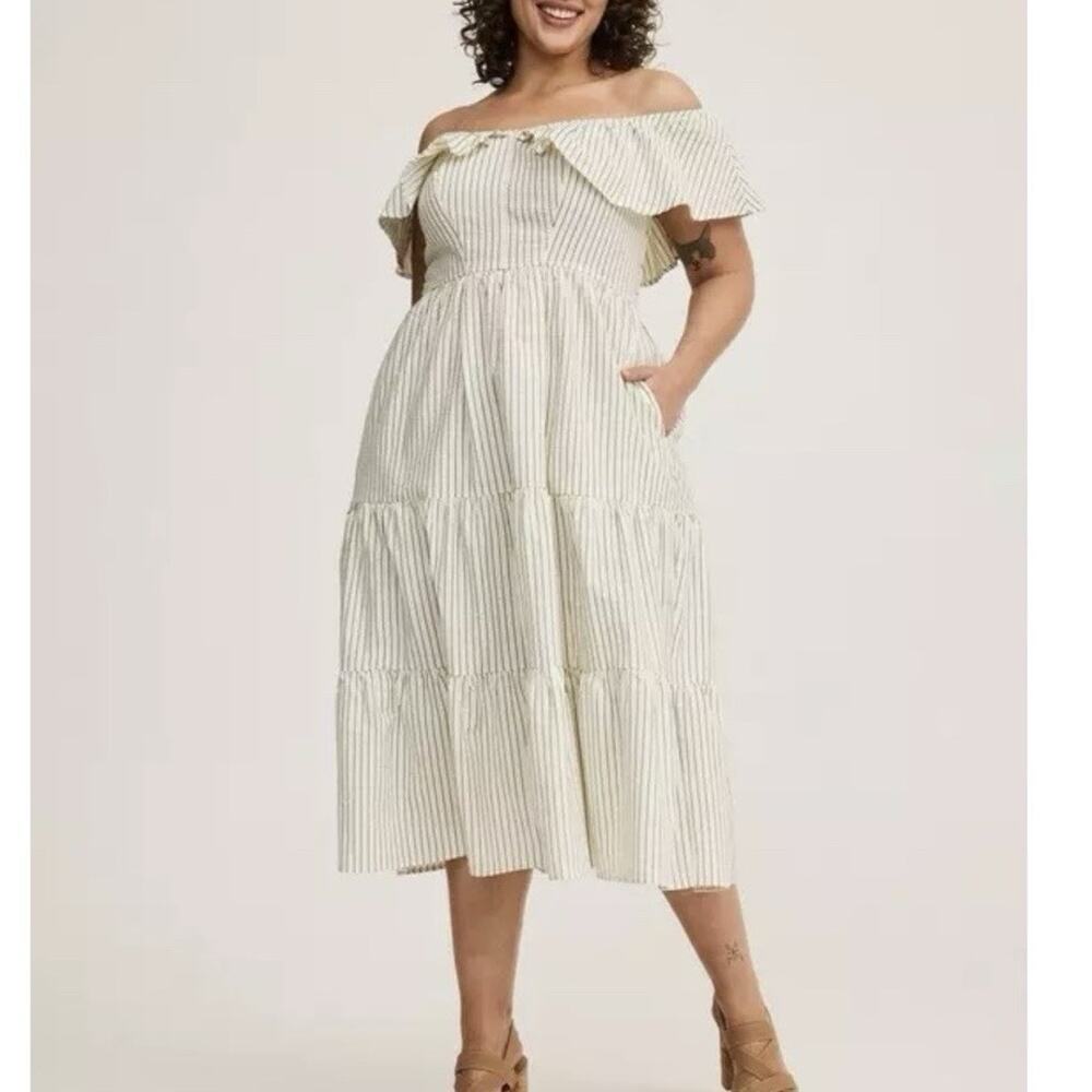 Torrid Size 00 (M/L) Midi Textured Woven Tiered Dress Multi Stripe Off Shoulder